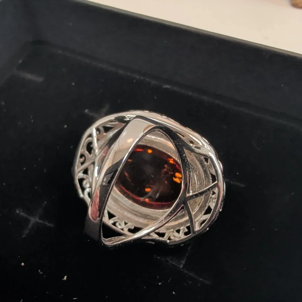 STS Jewels Sterling Silver & Cognac Amber Pebbled Filigree Statement Ring